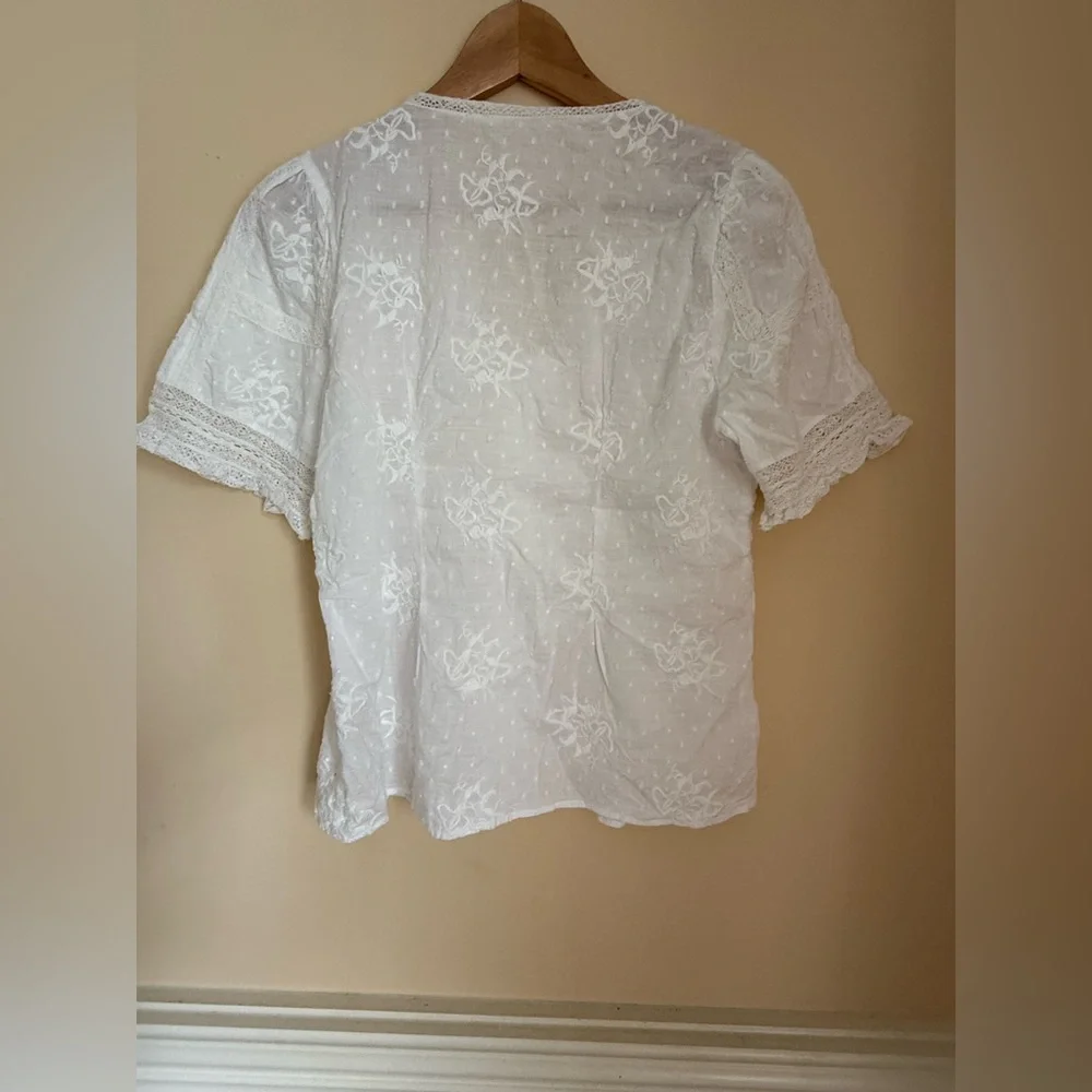 Anthropologie White Puff Sleeve Ruffled Blouse Sz‎ 10